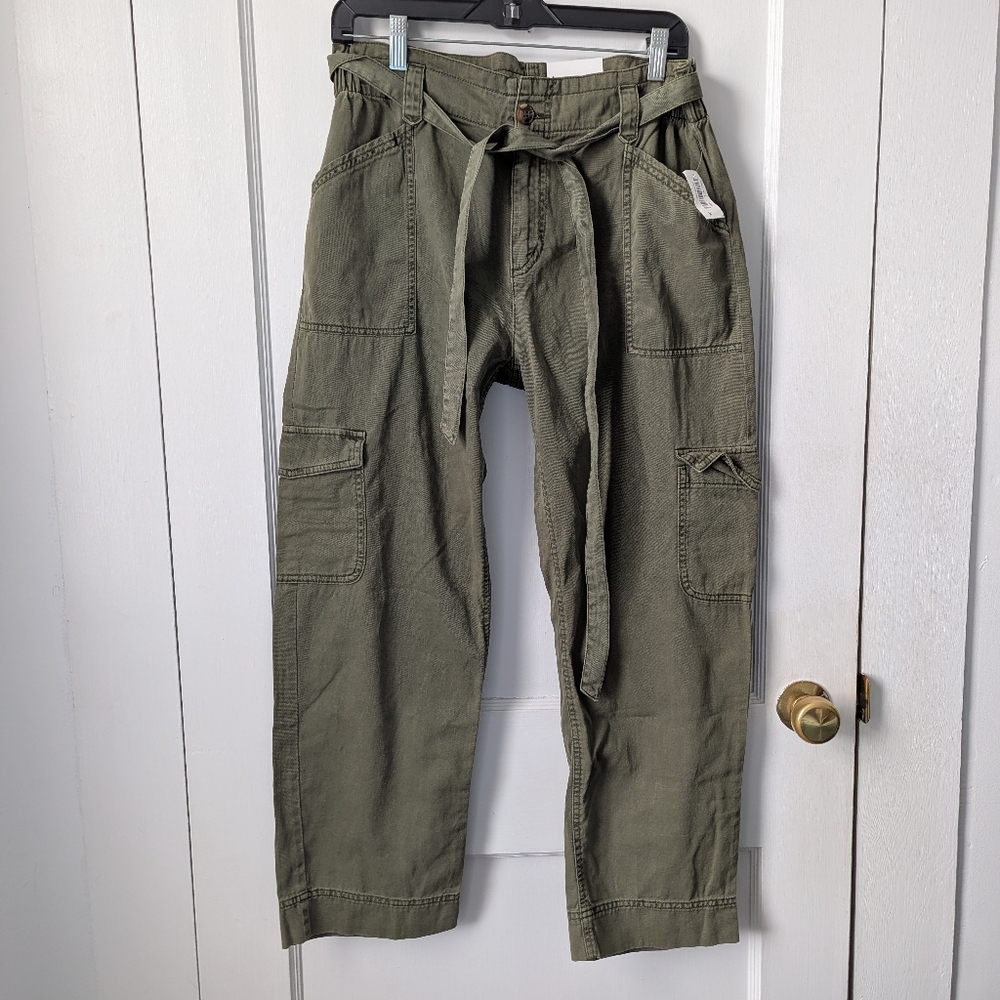 Old Navy Tie Waist Cargo Pants 100% Cotton Army Green Medium New NWT